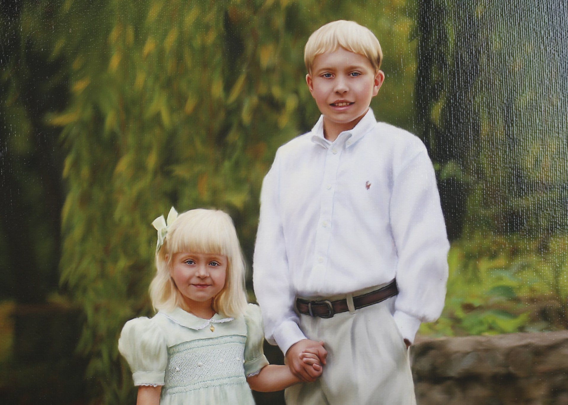 Detailed oil portrait of brother and sister outdoors