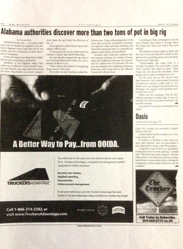 A newspaper article about alabama authorities discovering more than two tons of pet in big rig