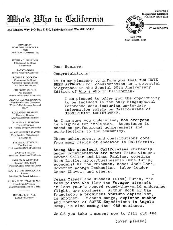 A letter from who 's who in california