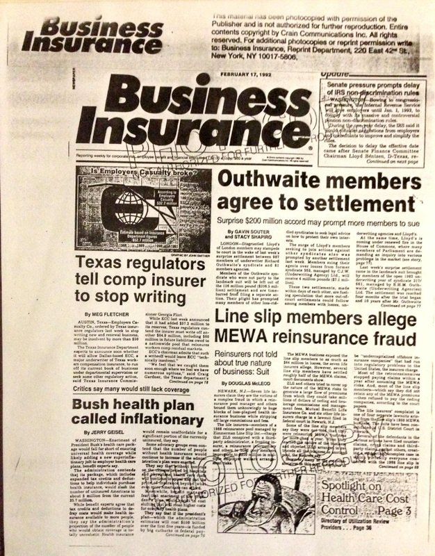 The front page of a newspaper titled business insurance