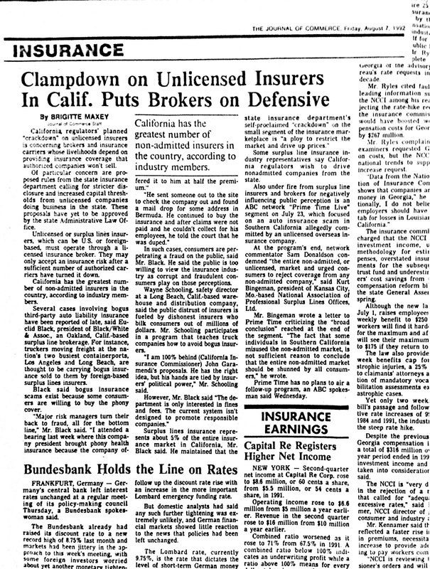 A newspaper article about insurance clampdown on unlicensed insurers in california