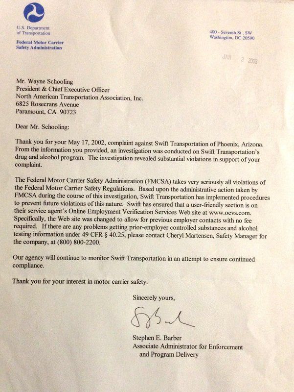 A letter from the federal motor carrier safety administration