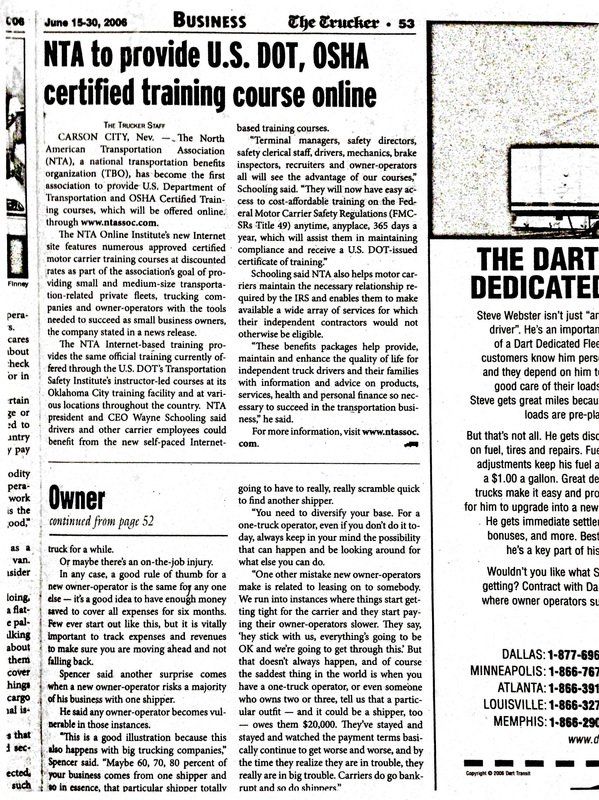 A newspaper article about nta to provide u.s. dot osha certified training course online