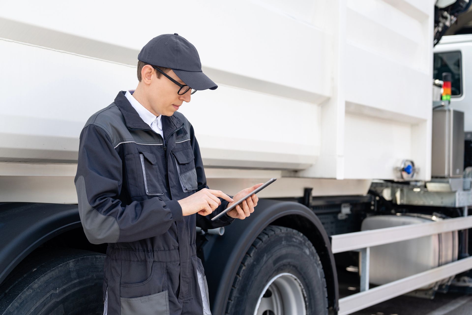 A man is leaning against a dump truck while using a tablet.