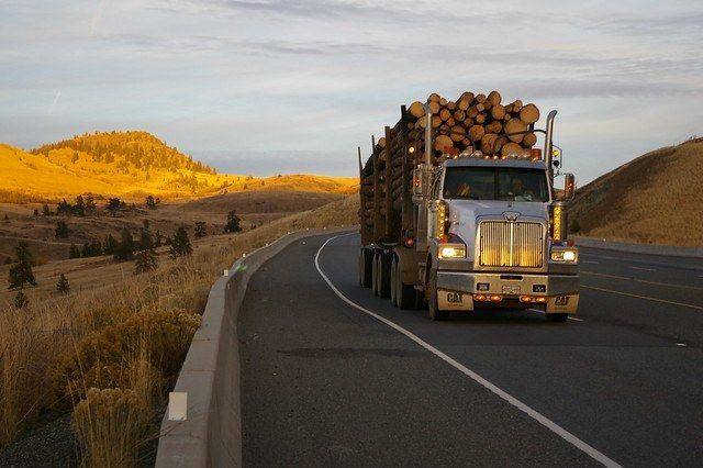 A semi truck carrying logs is driving down a road.