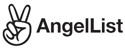 A black and white logo for angellist with a peace sign.