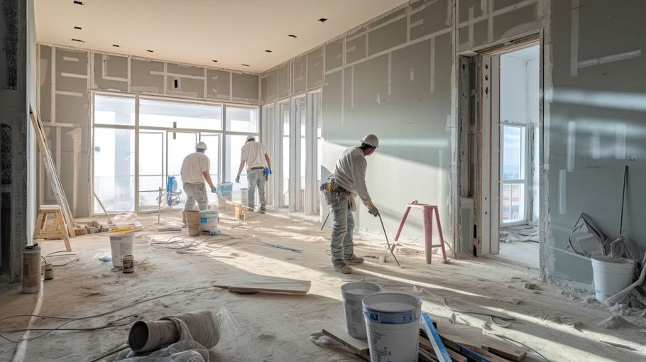 Construction workers in white coveralls apply drywall mud in a room with large windows, unfinished walls.