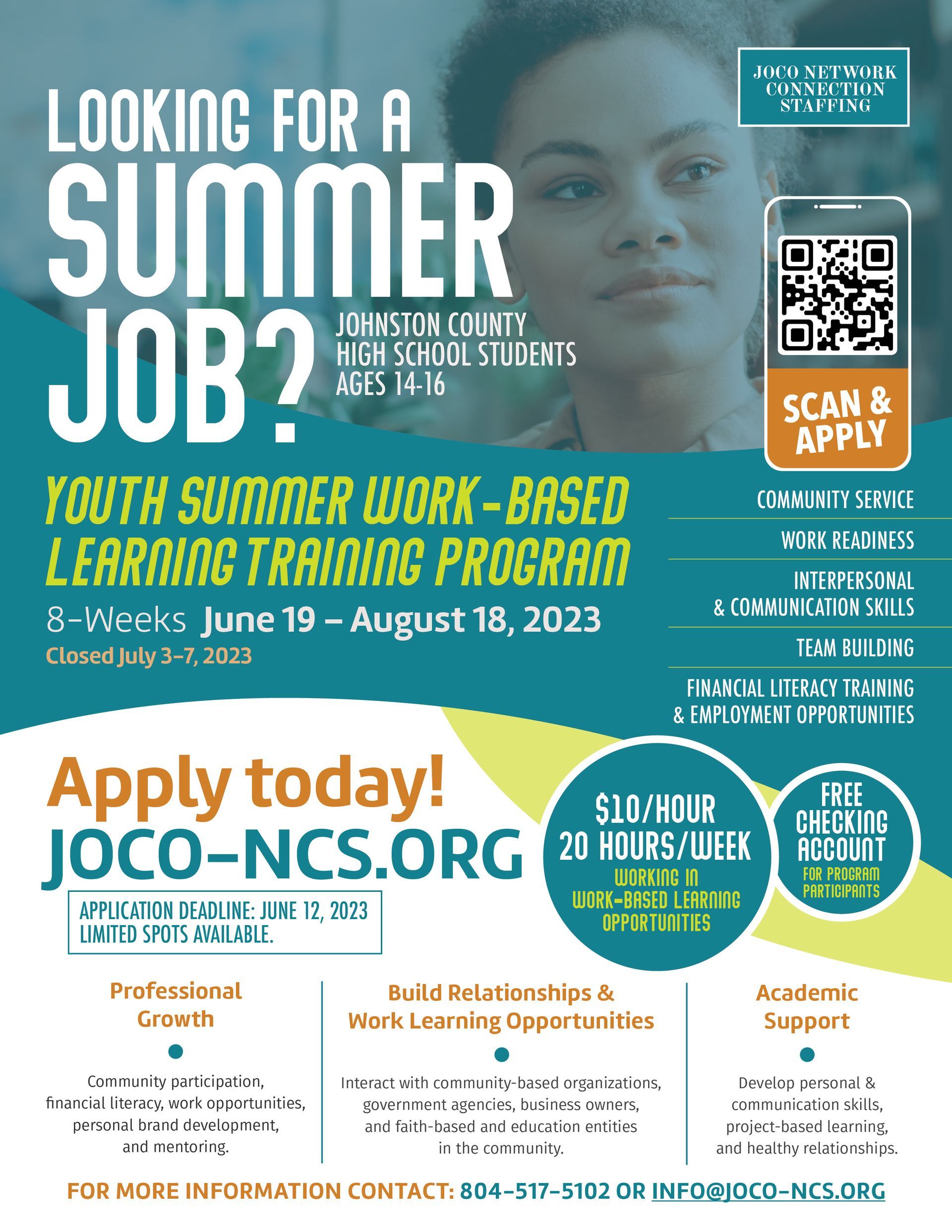 Flyer promoting Youth Summer Work-Based Learning Training Program June 19-18, 2023. Looking for a Summer Job? Apply today joco-ncs.org