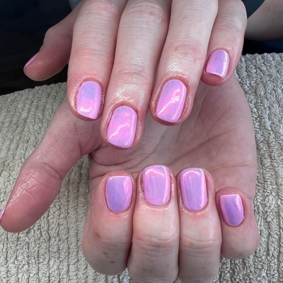 Hands With Short, Glossy Pink-purple Nails — Aspire Beauty & Nails in Wagga Wagga, NSW