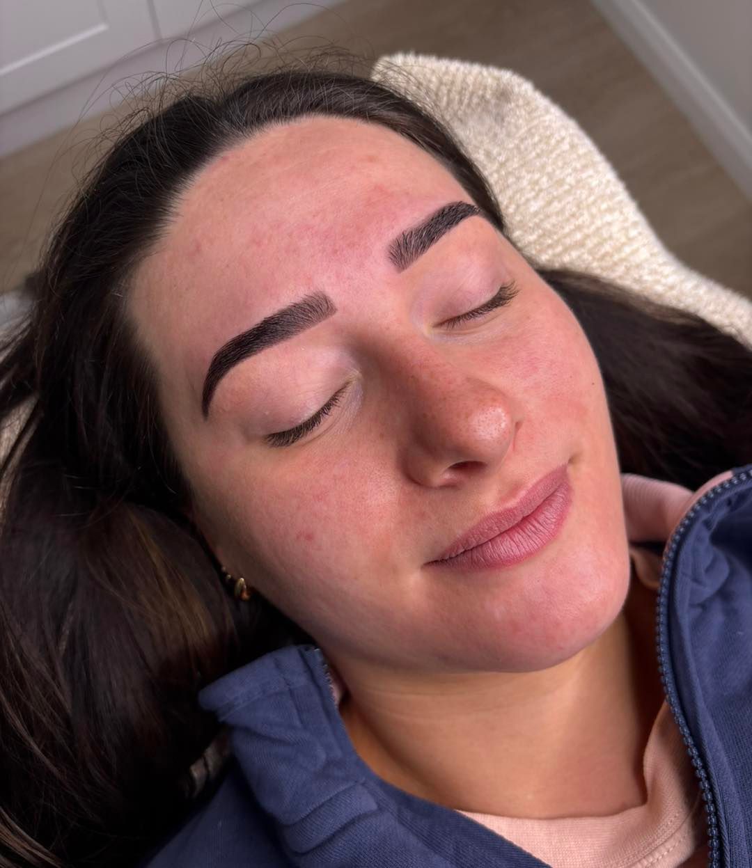 Woman With Closed Eyes, Newly Tattooed Dark Eyebrows — Aspire Beauty & Nails in Wagga Wagga, NSW