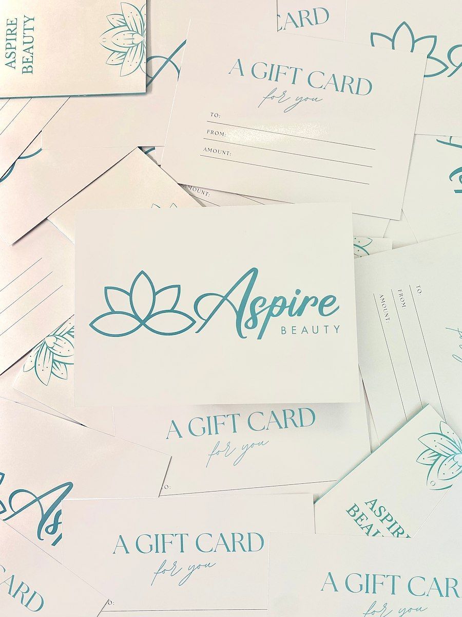 Assorted White Gift Cards And Envelopes With Teal “Aspire” Logo — Aspire Beauty & Nails in Wagga Wagga, NSW
