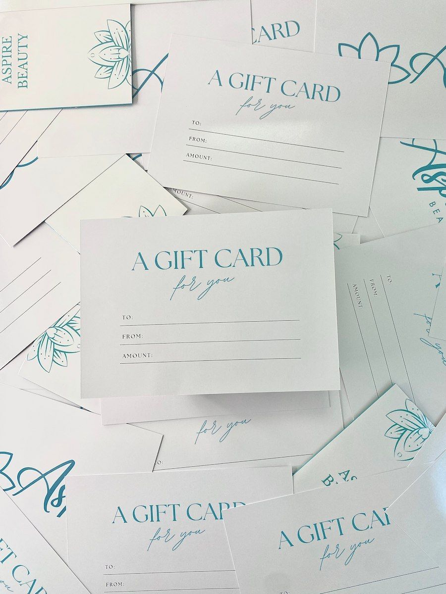 White Gift Card Envelopes And Cards With Teal “A GIFT CARD” — Aspire Beauty & Nails in Wagga Wagga, NSW