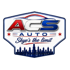 ACS Auto logo with red, silver, and blue text, skyline graphic, and slogan “Skye’s the limit”