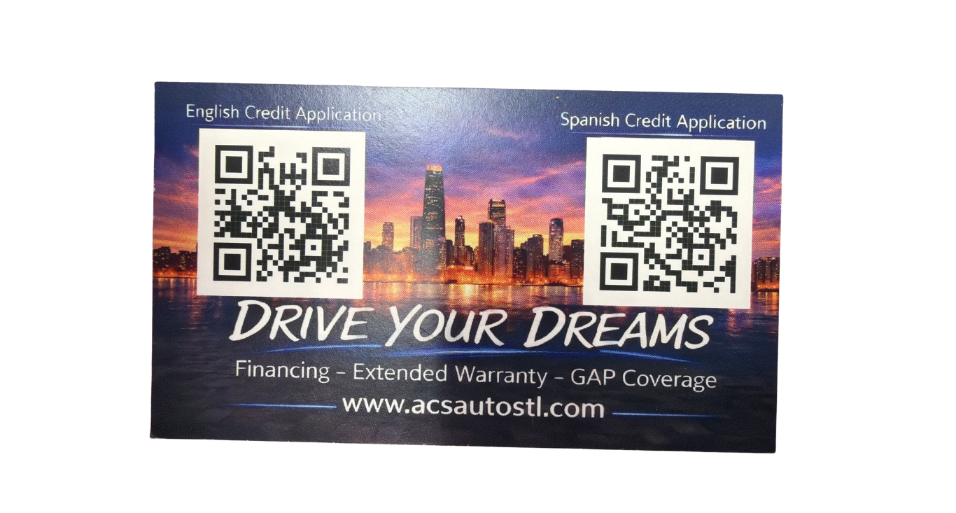 Promotional sticker with two QR codes, sunset city skyline, and “Drive Your Dreams” text for auto warranty services