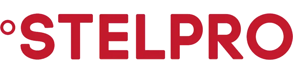Un logo rouge et blanc pour stelpro sur fond blanc.