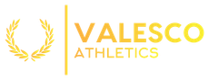 Logo for Valesco Athletics, featuring a golden laurel wreath, a vertical line, and the text 