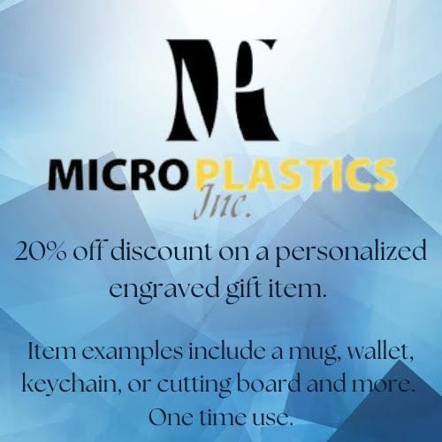 Microplastics inc. ofrece un descuento del 20 % en artículos de regalo personalizados grabados