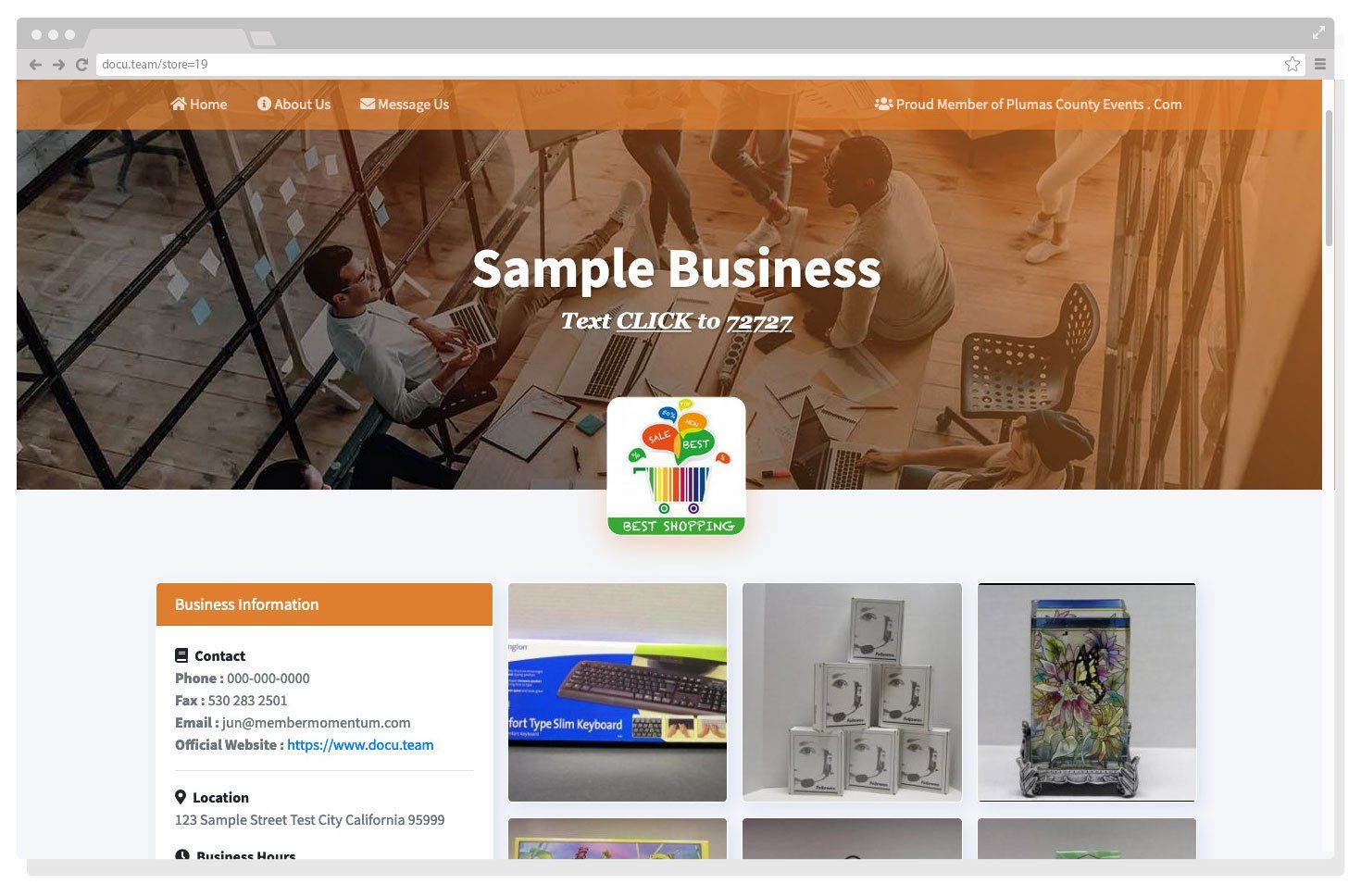 A computer screen shows a sample business website.