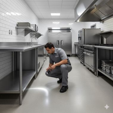 Man inspecting a commercial kitchen floor with a flashlight. Stainless steel appliances and white tile in the background.