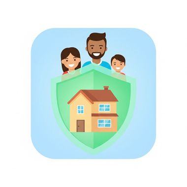 Family and house protected by a green shield on a light blue background.