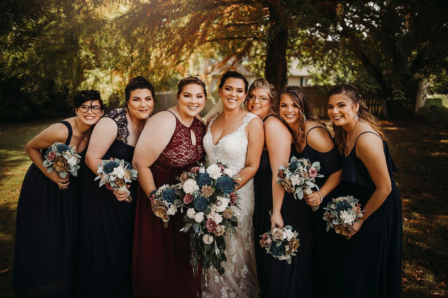 wooden bridal and bridesmaids bouquets