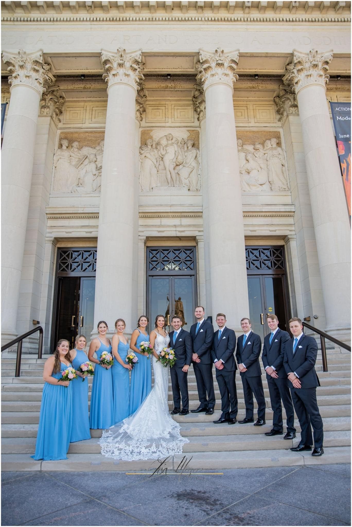 wedding party with wooden wedding flowers
