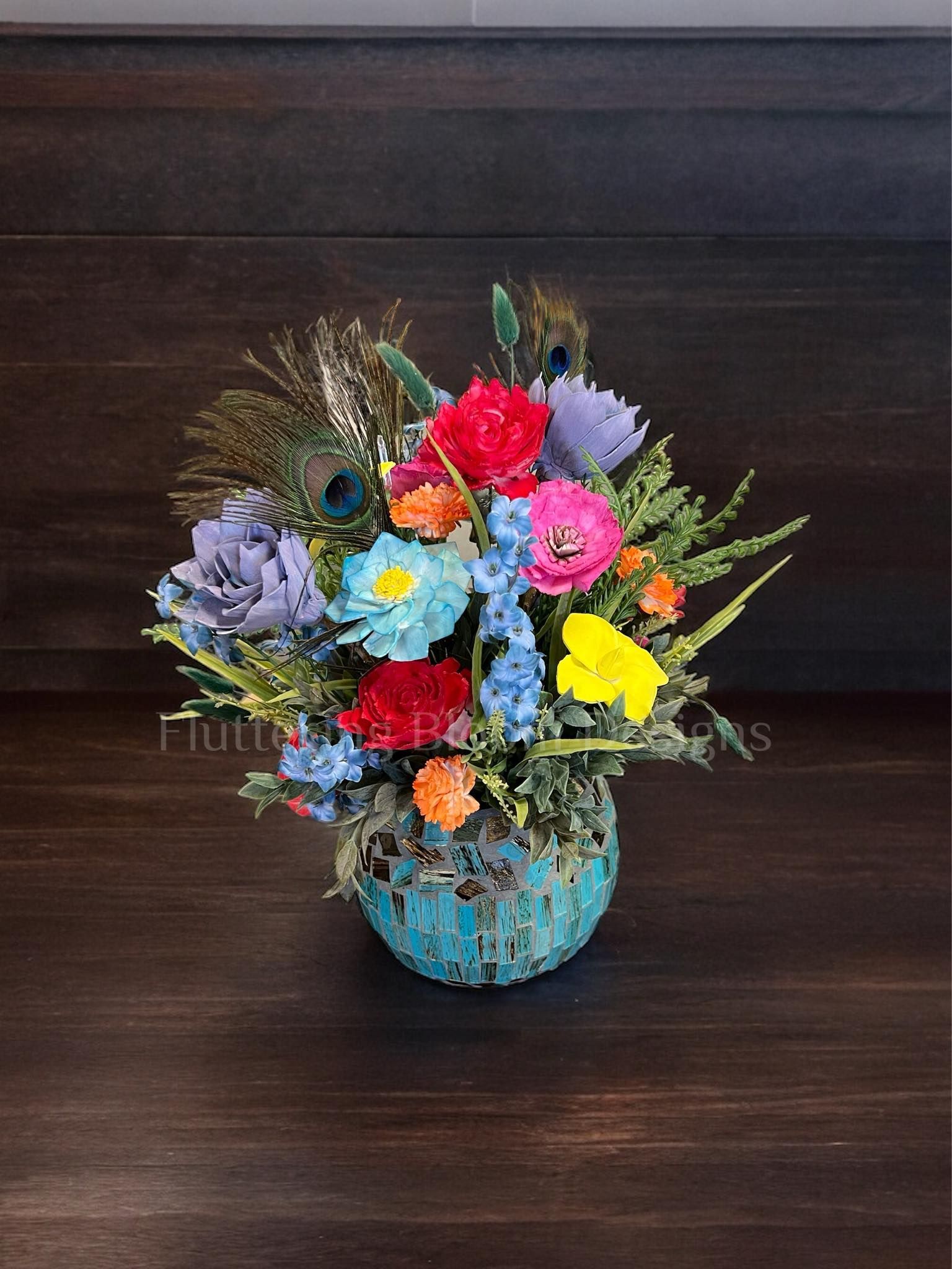 colorful wooden flower bouquet with peacock features