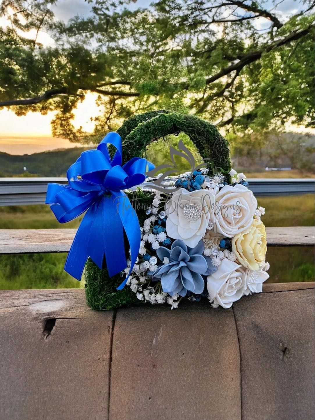 blue and white wooden floral arrangement shaped like a purse