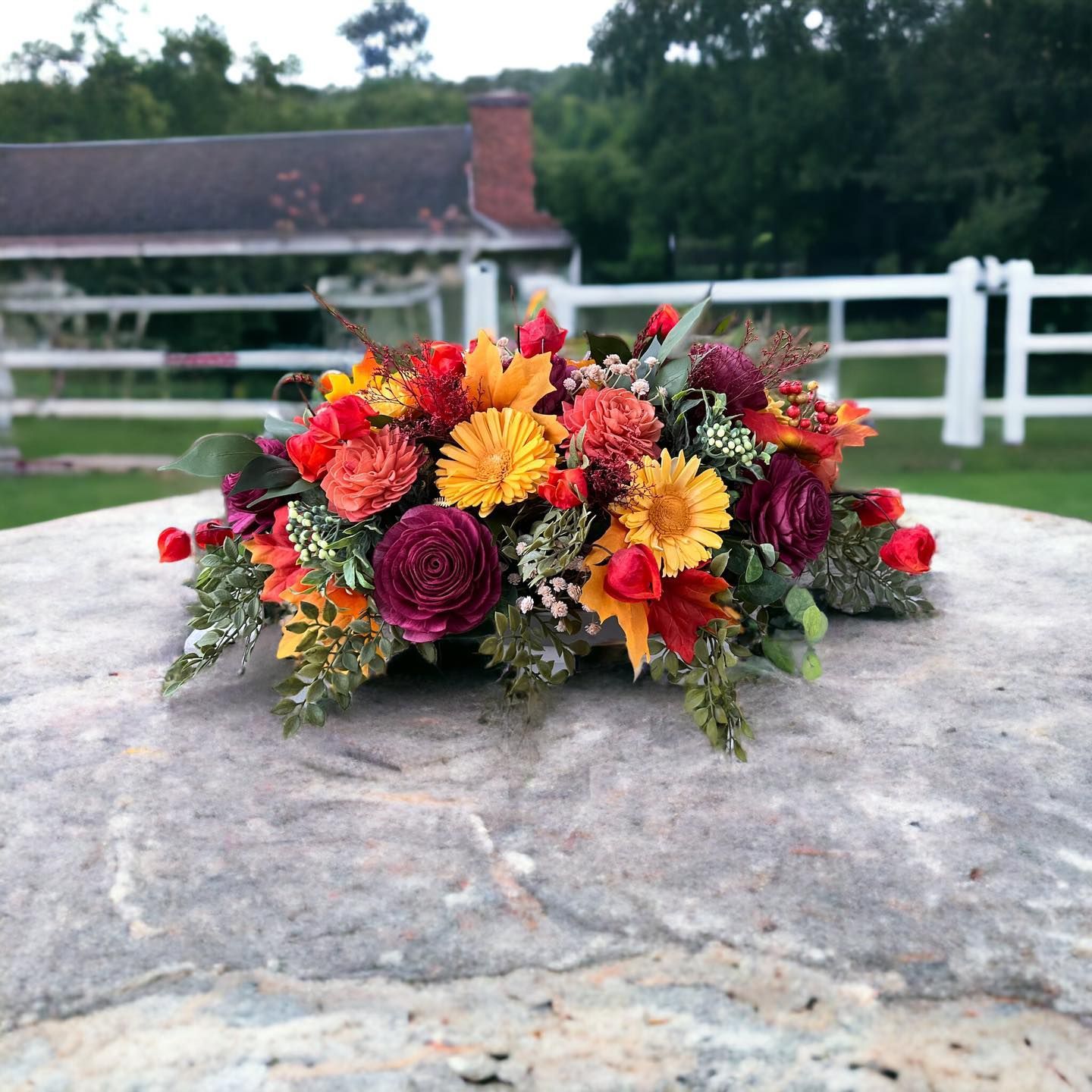 fall themed wooden flower arrangement