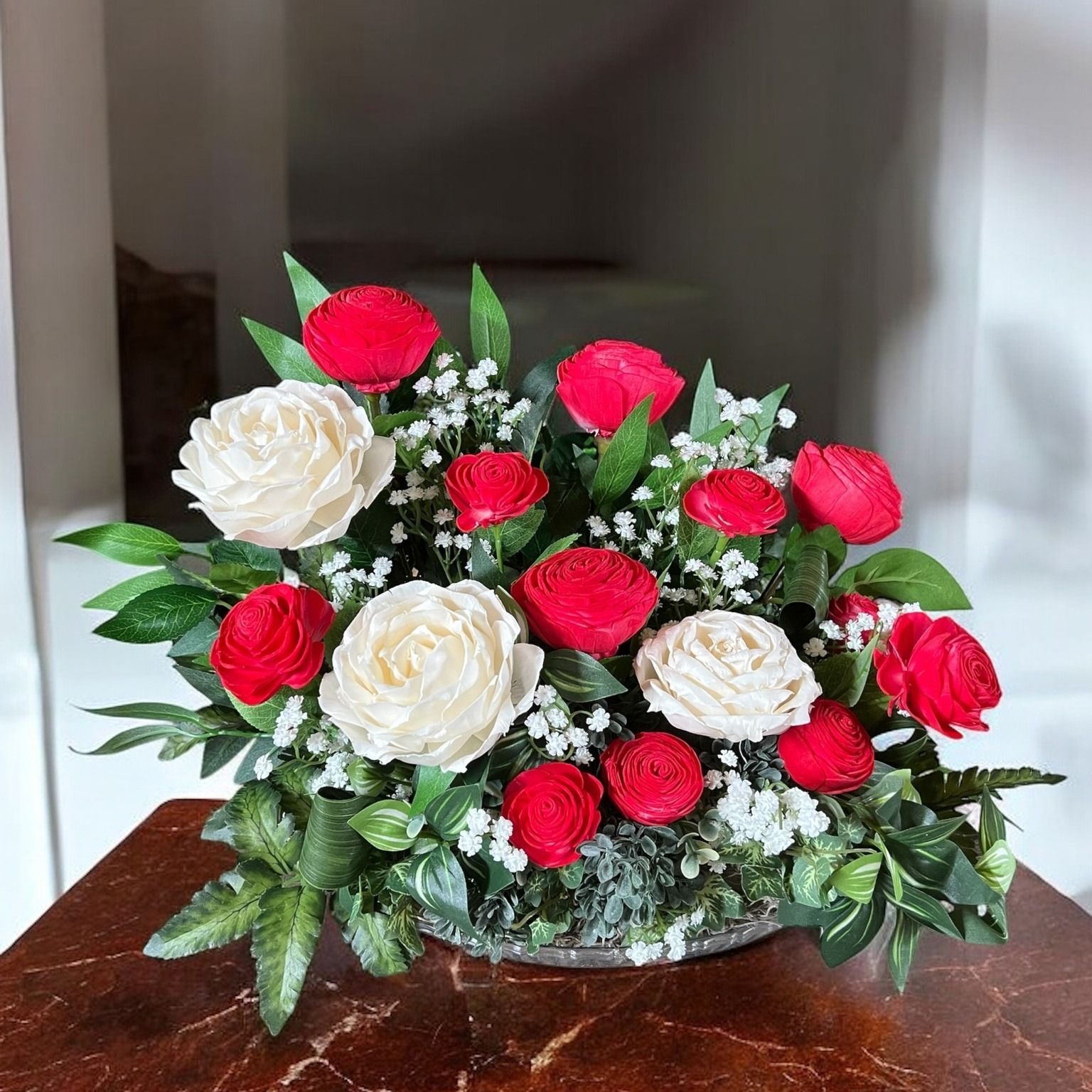 white and red rose bouquet made from wooden flowers