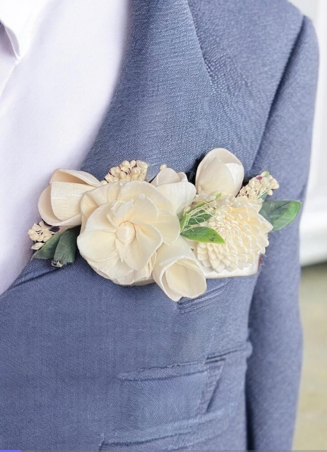 white wooden boutonniere 