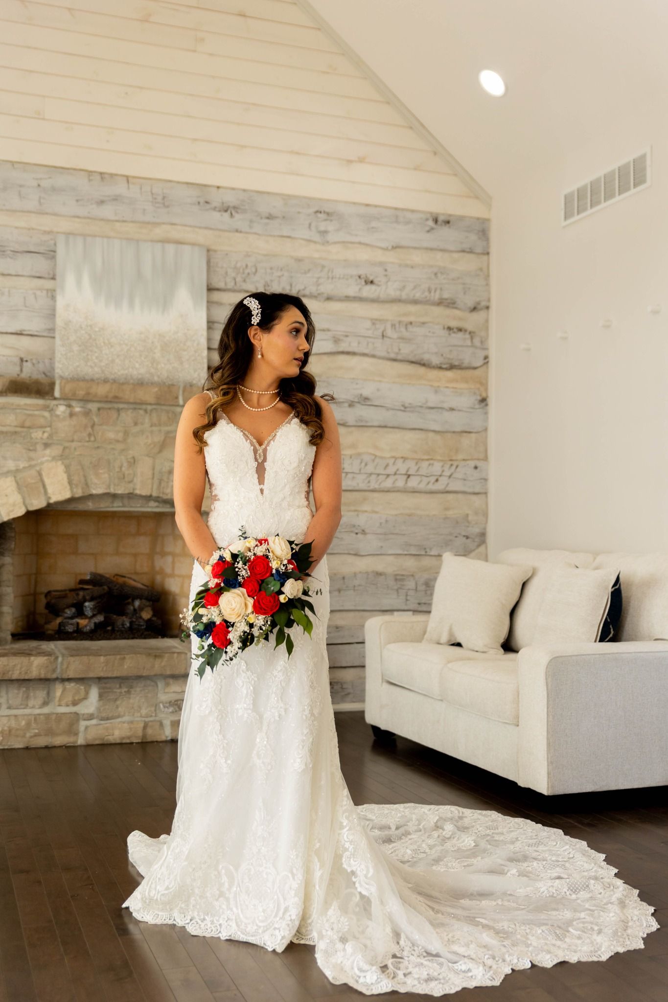 bride holding wooden flower bouquet