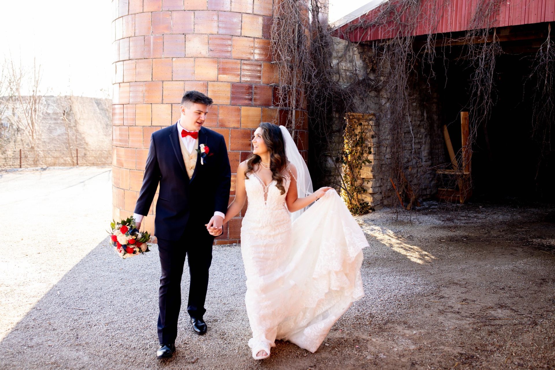 red and white wooden bridal bouquet