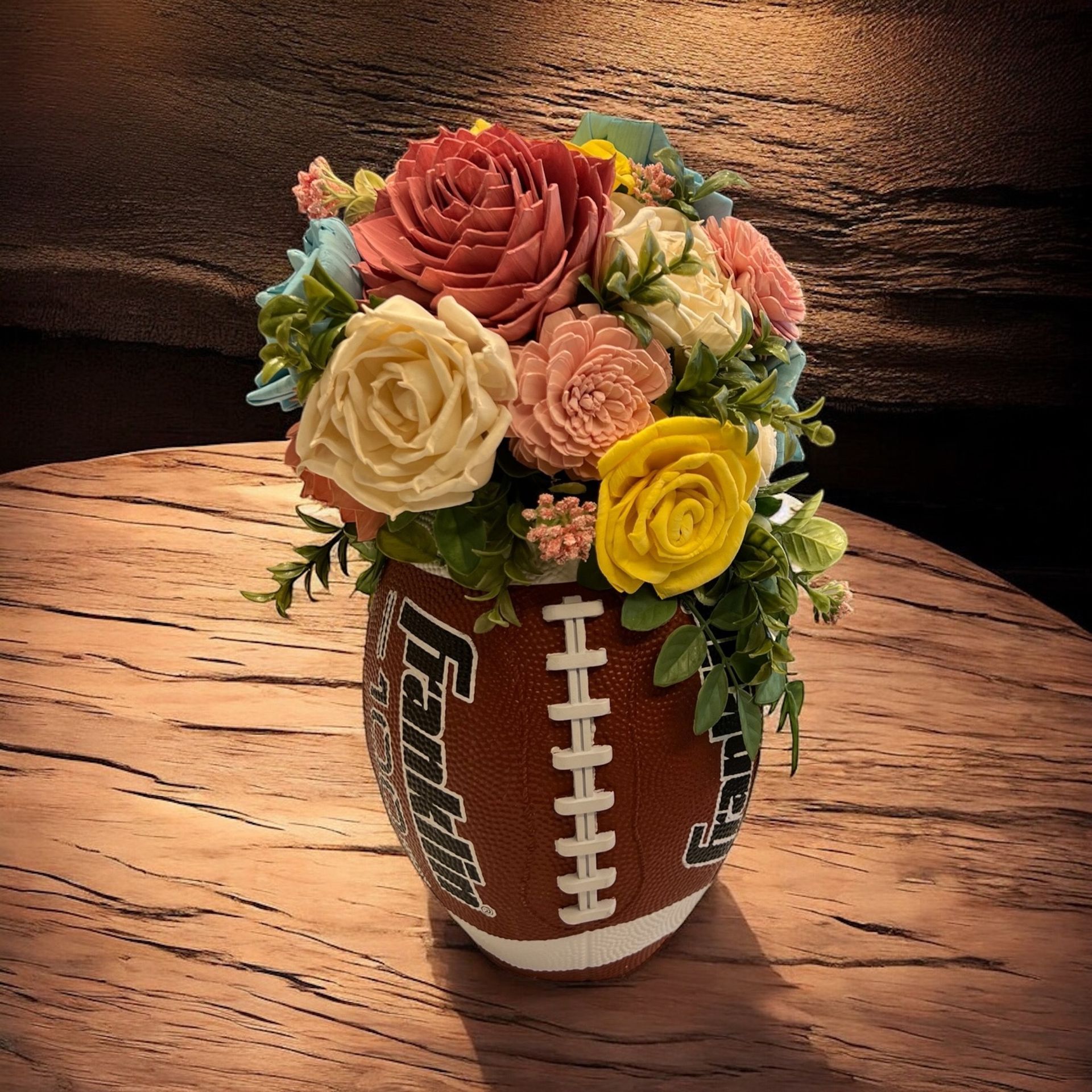 wooden flower football centerpiece