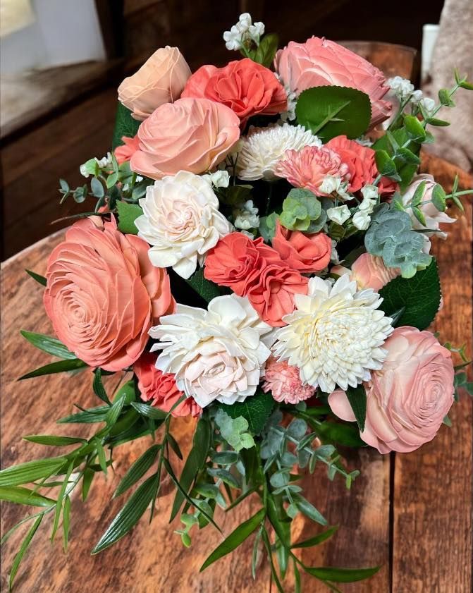peach and white wooden flower arrangement