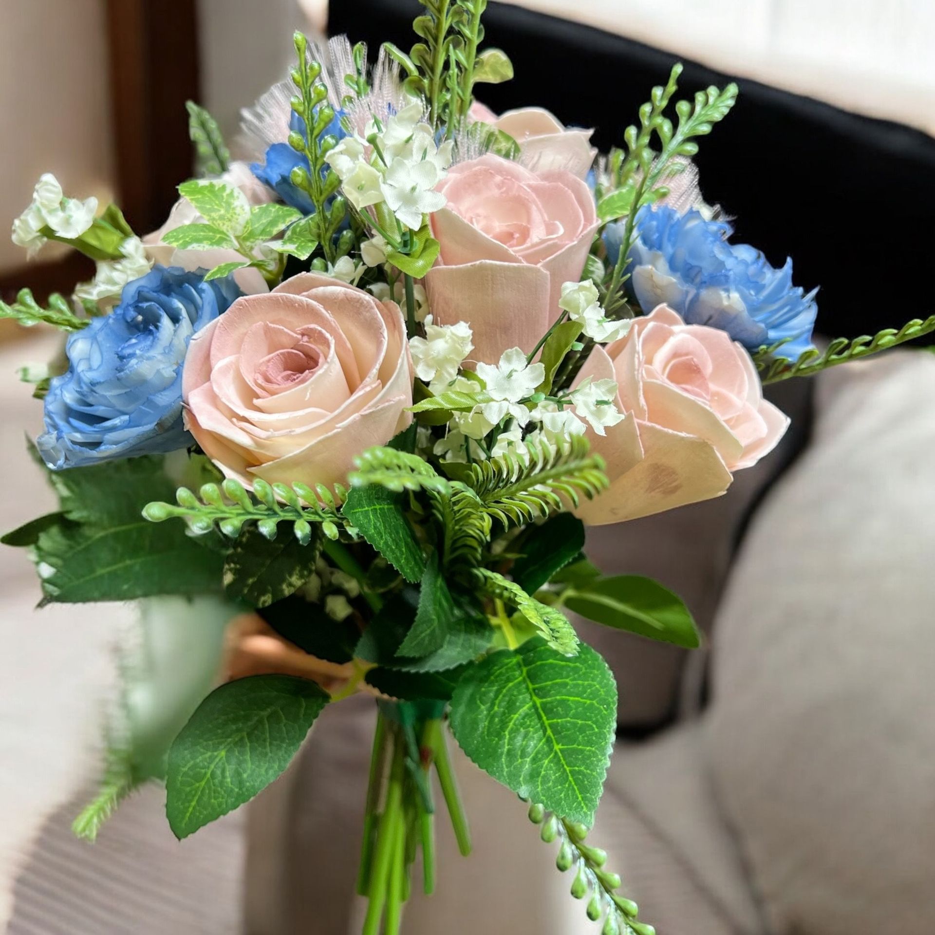 pink and blue wooden floral arrangement