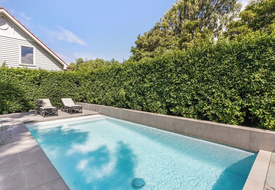 Rectangular pool with clear water, two lounge chairs, and a lush green hedge. Sunny outdoor setting.