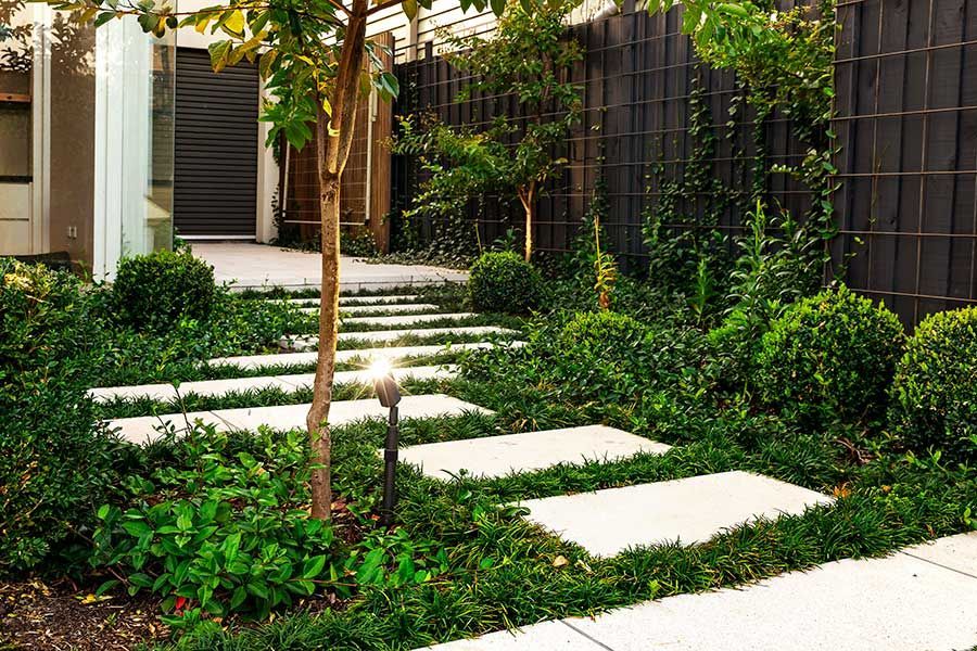 Stone path through a lush green garden with trees and shrubs. Black fence in the background.