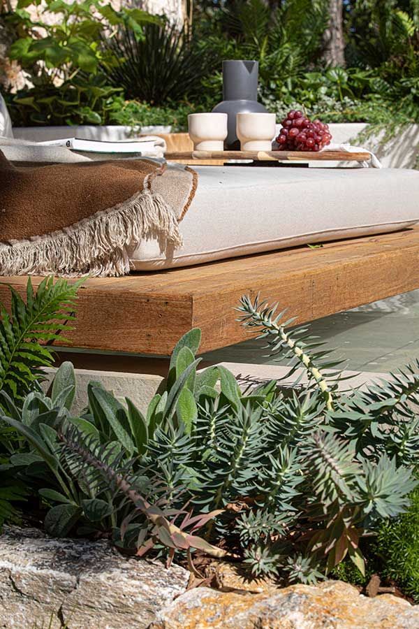 Outdoor seating area with lush plants, wooden platform, and refreshments.