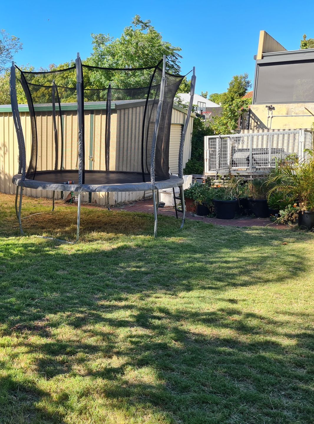 Trimmed lawn with kids trampoline