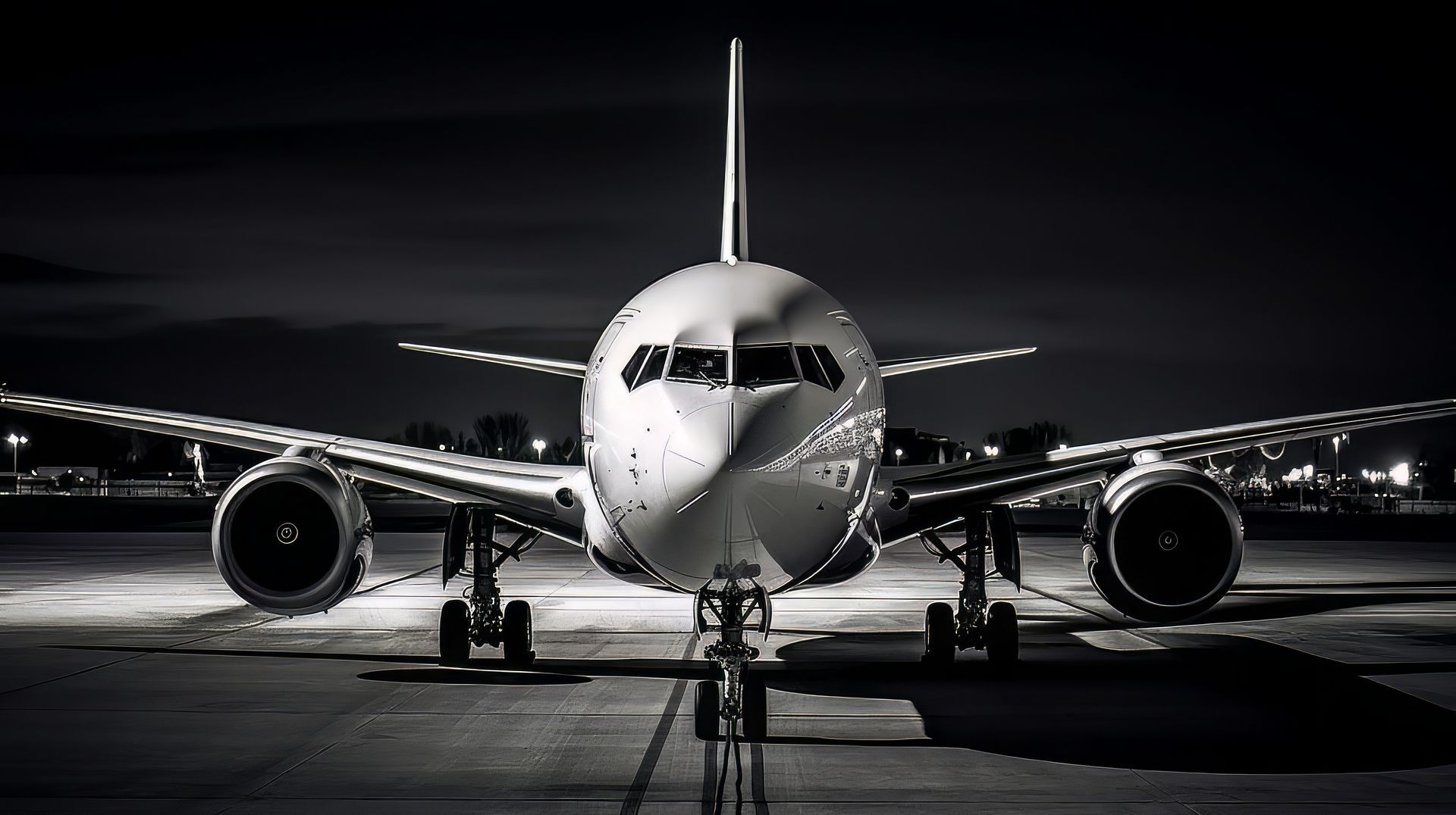 Avion sur la piste la nuit, vue de face, avec lumières, en noir et blanc.
