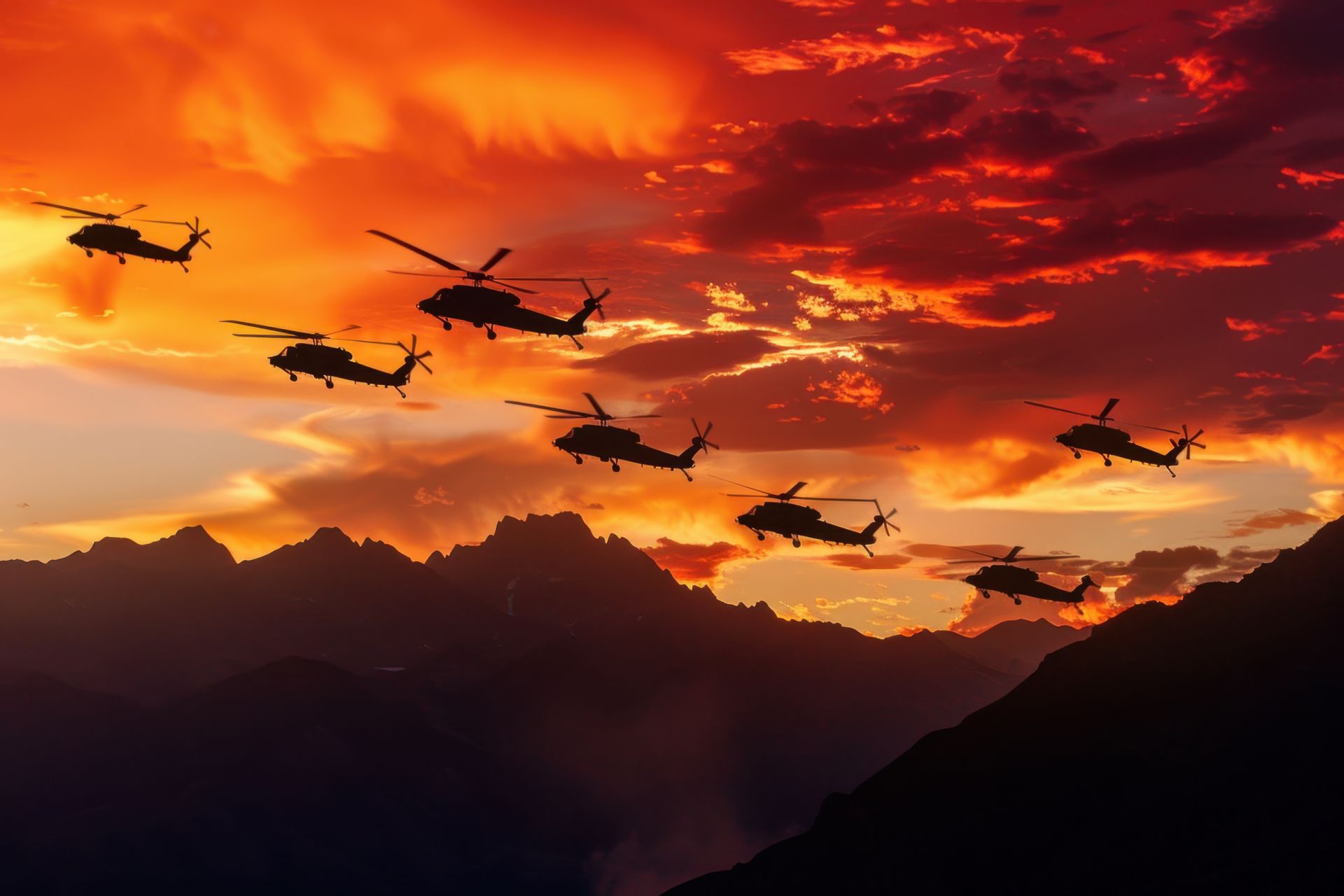 Des hélicoptères en silhouette volent au-dessus des montagnes sur fond de coucher de soleil orange flamboyant.