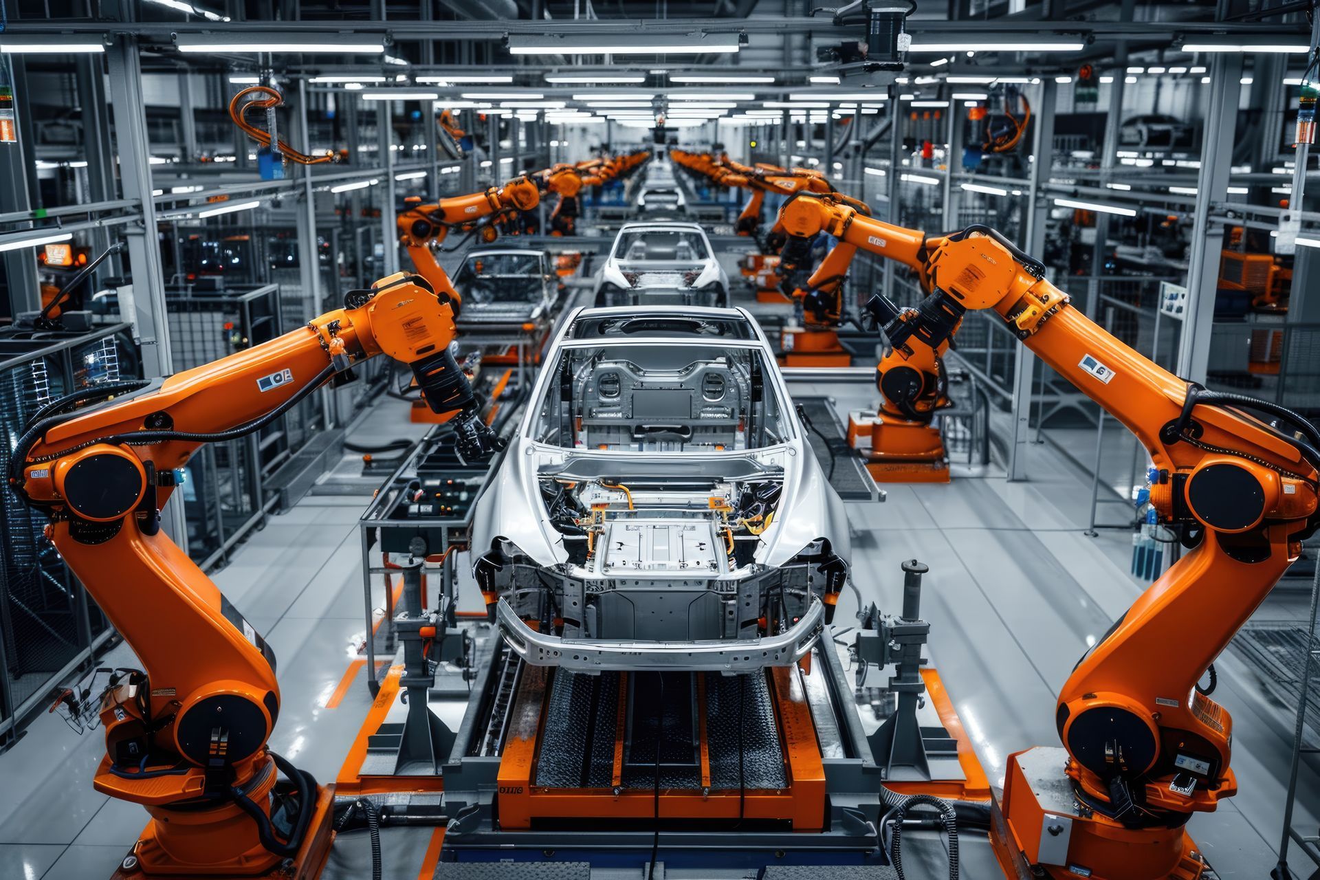 Bras robotisés orange assemblant une voiture sur une chaîne de montage dans une usine.