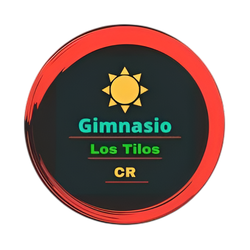 Circular logo: red and black, sun icon, text