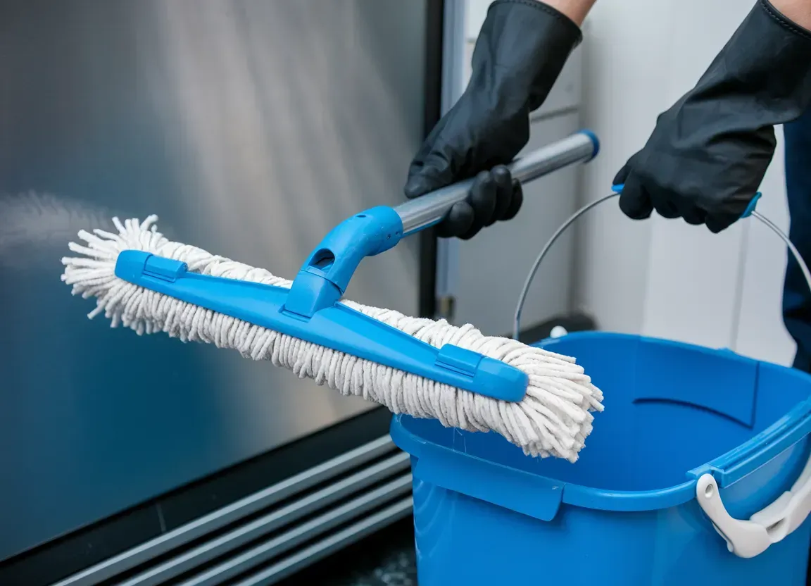 A person is holding a mop next to a blue bucket.