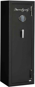 Black gun safe with digital keypad and silver handle. The brand name Black gun safe with digital keypad and silver handle. The brand name