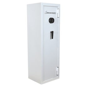A tall, silver gun safe with a combination lock and handle, standing against a white background. A tall, silver gun safe with a combination lock and handle, standing against a white background.