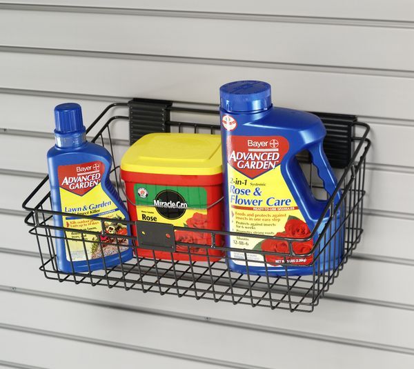 12x18 Basket with bug spray on a  Slatwall Organizer Accessory Option