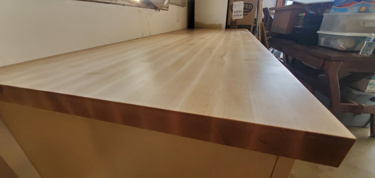 a garage with Dakota finish workbench 