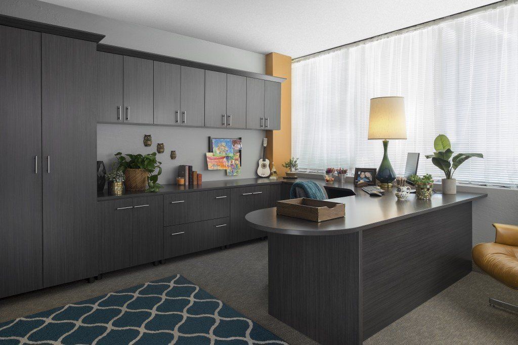 a home office space featuring a licorice cabinetry system